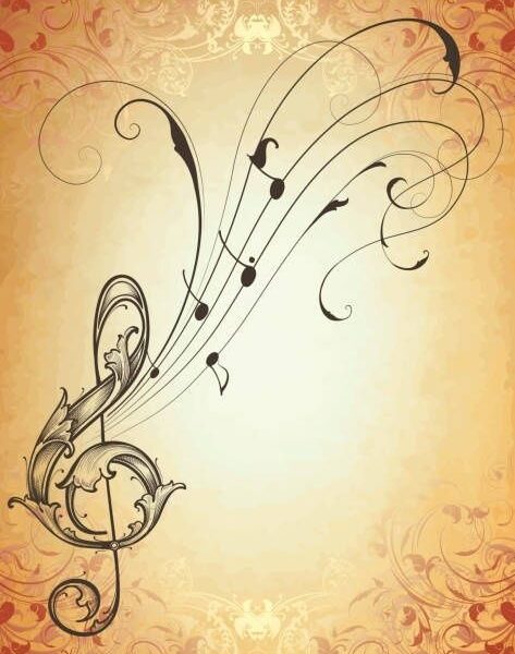 Ornamentale Notenlinien mit stilisierten Musiknoten auf beigefarbenem Grund