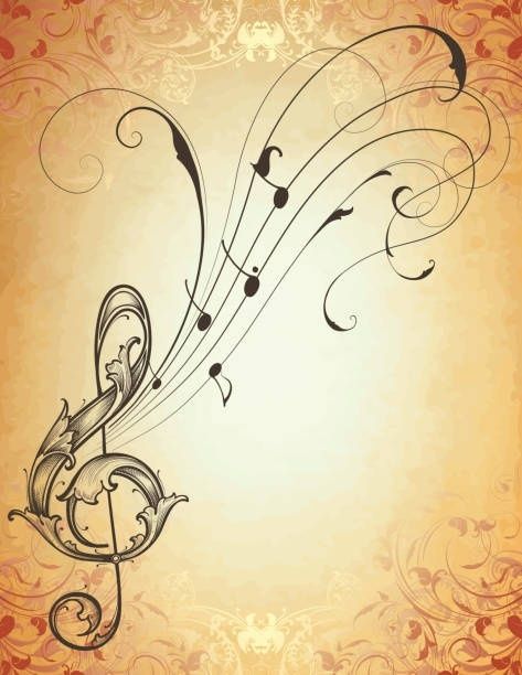 Ornamentale Notenlinien mit stilisierten Musiknoten auf beigefarbenem Grund
